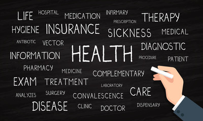 Health, insurance, care - word cloud - chalk and blackboard