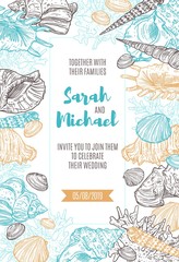 Seashells and corals frame on wedding invitation