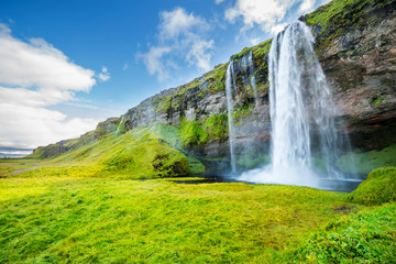 View of Seljalandsfoss one of most stunning waterfalls in Iceland