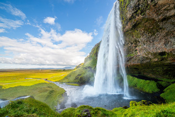 View of Seljalandsfoss one of most stunning waterfalls in Iceland