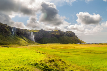 View of Seljalandsfoss one of most stunning waterfalls in Iceland