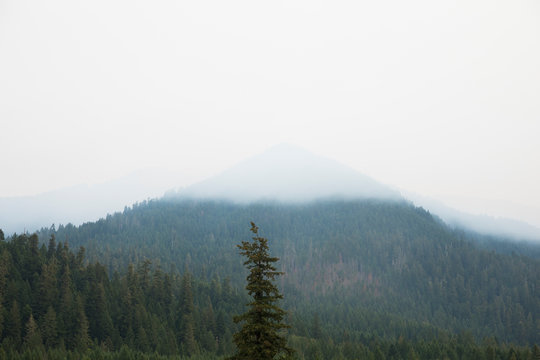 Smoke covered mountains from the Terwilliger Fire in the Willamette National Forest, Oregon, USA