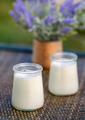 Milk yogurt in glass jars on wooden table in summertime. Homemade milk sweet yogurt. Dessert. Lavender flowers. Summer twilight. Soft focus. Blurry background. Close-up. Copy space.
