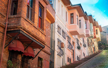 Fototapeta na wymiar Colorful houses in Balat district of Fatih, Istanbul.