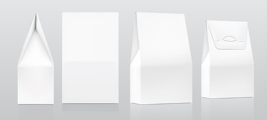 Realistic cardboard packaging boxes mockup. Front, rear and perspective view. Vector illustration. Can be use for medicine, food, cosmetic and etc. EPS10.	