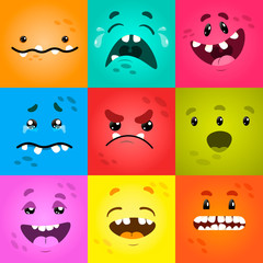 Vector funny moster square monster faces with different emotions, smiles, emoticon set for messenger, sticker, social media, animation, comic, newsletter, poster, banner, logo, icon, avatar.
