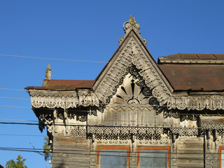 Russia. The provincial town of Borovsk. Wood carvings adorn the old houses in the city.