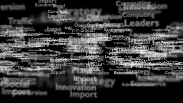 The business. White word the business on a black background with different words, which deal with business. Close up. Copy space. 3D. Video 4K.