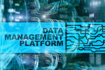 Data management and analysis platform concept on server room background.