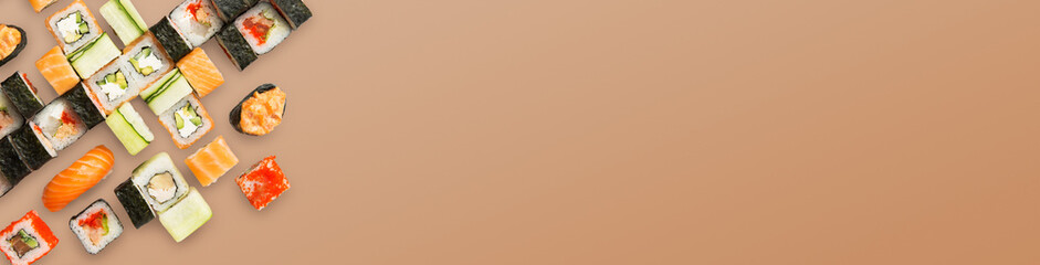 Japanese sushi on light background, copy space