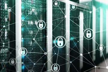 Cyber security, information privacy, data protection concept on modern server room background....