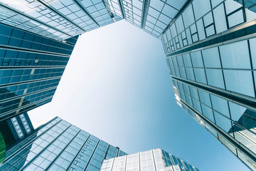 Low angle view of modern buildings in La Defense district in Paris, France