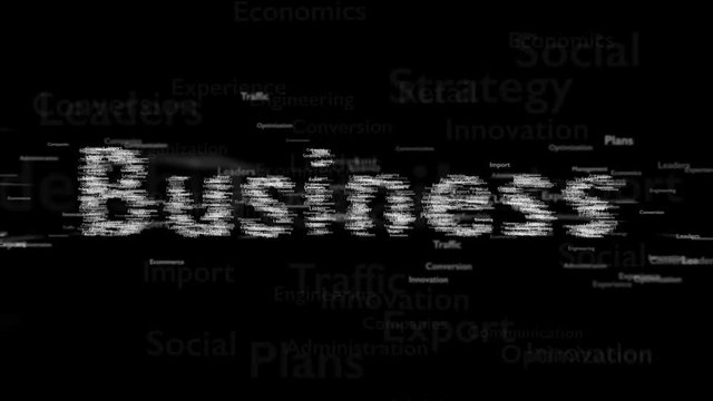 Word the business on a black background with different words, which deal with business. Business. 3D.Video 4K.