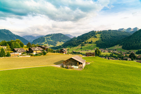 Landscape with mountains, hills and village