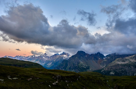 Scenery with mountains at sunset, Alpe Devero, Verbania, Italy