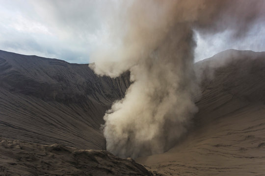 Smoke coming from volcanic crater on Mount Bromo