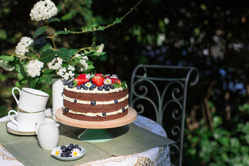 Chocolate cake with strawberries, bluberries and flowers on the table. Outdoor. Garden. Italy. Spring