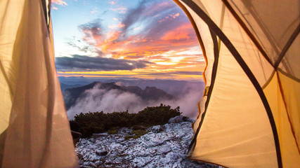 Sky at dawn from inside of pitched tent, Tasmania, Australia