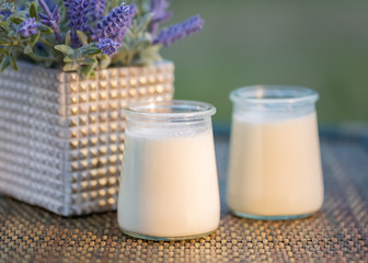 Milk yogurt in glass jars on wooden table in summertime. Homemade milk sweet yogurt. Dessert. Lavender flowers. Summer twilight. Soft focus. Blurry background. Close-up. Macro. Copy space.