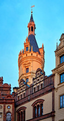 Obraz premium Light illuminated tower of Schwerin Castle. Mecklenburg-Western Pomerania, Germany