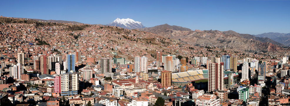 The city of La Paz Bolivia with Illimani in the background.