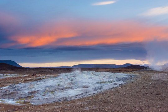 Blue coloured mud pool and steam spring at Hverar ndor Hverir Geothermal Area, at Namaskard Pass in Iceland.