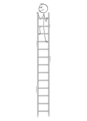 Cartoon stick figure drawing conceptual illustration of dissatisfied man or businessman looking around from the top of very high ladder. Business concept of success and satisfaction.