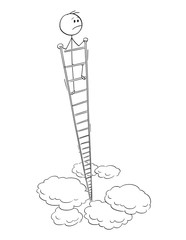 Cartoon stick figure drawing conceptual illustration of dissatisfied man or businessman looking around from the top of very high ladder. Business concept of success and satisfaction.