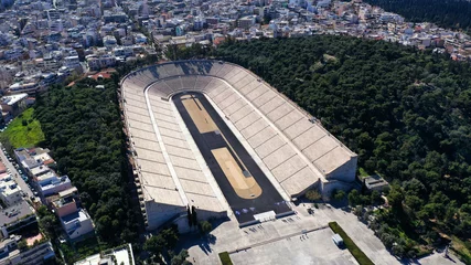 Gardinen Aerial drone photo of iconic ancient Panathenaic stadium or Kalimarmaro, Athens historic centre, Attica, Greece © aerial-drone