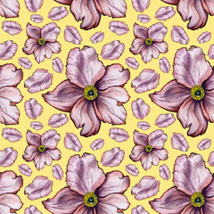 Watercolor background seamless  pattern  wild  garden rose  on yellow background