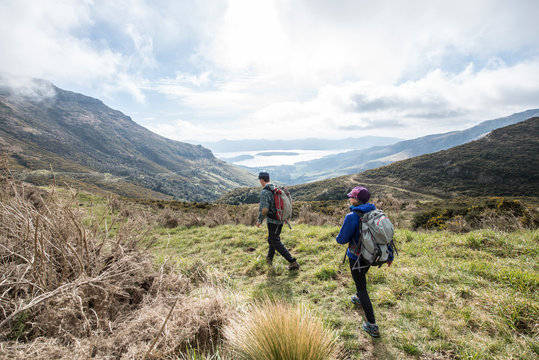 Two backpackers hiking along Mount Herbert Trail, Christchurch, Canterbury, New Zealand