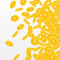 Russian ruble coins falling. Scattered big RUB coi