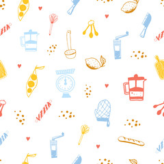 Modern doodle food pattern in cartoon style with kitchen equipment.