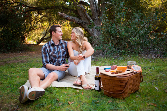 Picnic in the woods with wine and a cheese board. - Powered by Adobe