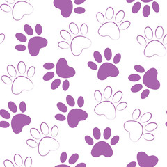 Paw purple print seamless. Vector illustration animal paw track pattern. backdrop with silhouettes of cat or dog footprint.