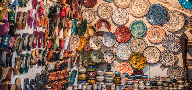 Ceramics and slippers for sale in souk, Marrakesh, Morocco