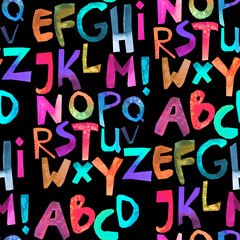 Watercolor seamless pattern with colorful alphabet. Grunge handwritten type set. Rough cutout painted font. Rainbow letters on black
