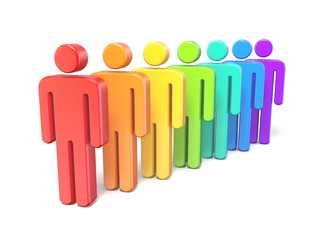 Rainbow colored abstract figures in a row 3D