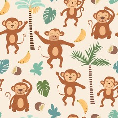 Obraz na płótnie Canvas childish jungle texture with monkeys and jungle elements. seamless pattern vector illustration
