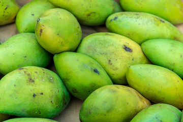 many green-yellow mangoes lie on the whole frame
