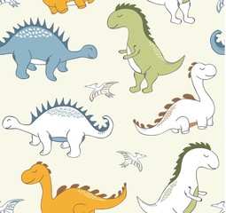 childish dinosaur seamless pattern for fashion clothes, fabric, t shirts. vector illustration