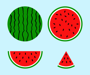 Illustration of watermelon: full, cross section, half circle cut, and triangle cut.