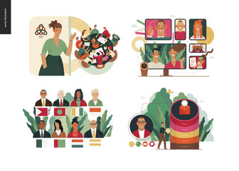 Technology 2 set - modern flat vector concept digital illustration- Video Conferencing Technology, Meet our team, CRM Customer Relationship Management, Political leaders meeting. Creative web template