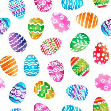 Hand drawn watercolor seamless pattern. Bright colorful Easter eggs with different ornaments isolated on white background