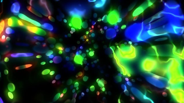 Inside of a greenish plasma lamp. Colorful Dot Animation. Confetti Animation in a glass sphere. Lens Distortion. Refraction. Close UP