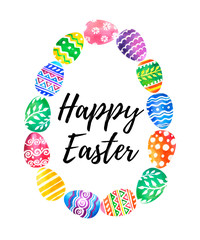 Watercolor decorative frame with lettering  text and colorful eggs with different ornaments. Happy Easter card