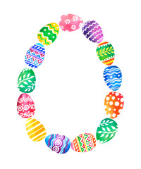 Watercolor decorative frame from colorful eggs with different ornaments and space for text. Happy Easter card