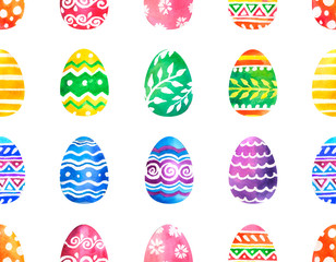 Hand drawn watercolor set of colorful Easter eggs with different ornaments isolated on white background