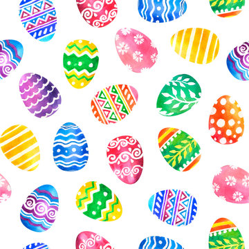 Hand drawn watercolor seamless pattern. Many colorful Easter eggs with different ornaments isolated on white background