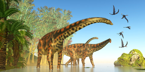 Spinophorosaurus Dinosaur Marsh - Dorygnathus reptile birds fly close to a Spinophorosaurus dinosaur herd during the Jurassic Period. © Catmando